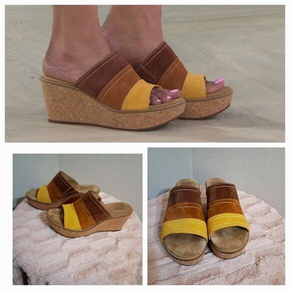 Clarks Brown and Yellow Wedge Sandals with Cork Platform Size 8.5M - Picture 1 of 9